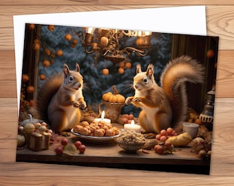 Thanksgiving Dinner with Squirrels 5x7 Greeting Card Customizable