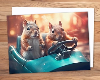 Two Squirrels Driving Car Funny Squirrel Custom Card for Mom, Dad Kids Birthday Fathers Day Mothers Day Card 5x7
