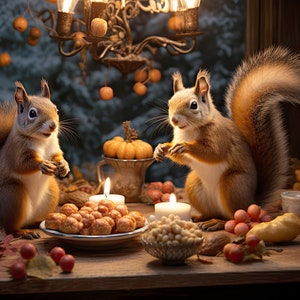 Thanksgiving Dinner with Squirrels 5x7 Greeting Card Customizable