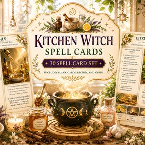 May include: A 30-card set titled Kitchen Witch Spell Cards featuring two instructional cards with text about oils and citrus magic, a central dark green cauldron with gold moon symbols, a jar of honey, a candle, and fresh lemons.