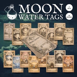 Moon Water Tags and Labels, a Complete gorgeous collection of 3 different Moon Water Astrology Designs to use as labels, grimoire pages or stickers.