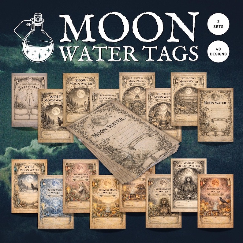 Moon Water Tags and Labels, a Complete gorgeous collection of 3 different Moon Water Astrology Designs to use as labels, grimoire pages or stickers.