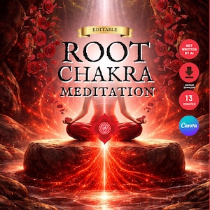 Könnte beinhalten: Digitales Grafikdesign mit dem Text "ROOT CHAKRA MEDITATION" und einer meditierenden Person. Das Bild ist in Rot- und Orangetönen gehalten, mit einem leuchtenden Licht, das von der Person ausgeht. Die Wörter "Editable", "Instant Download" und "13 Minuten" sind ebenfalls sichtbar.