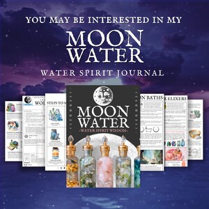 moon water poster, Moon water ritual kit printable pdf, lunar phase organization pages, occult witch labels, dark goddess moon magic