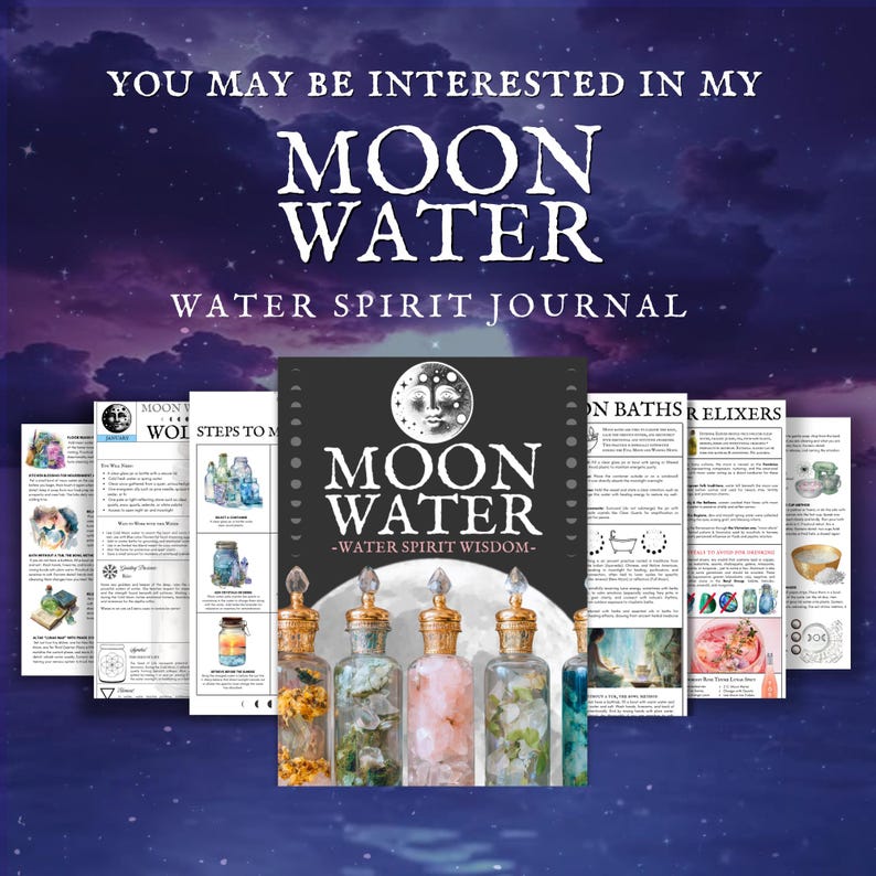 moon water poster, Moon water ritual kit printable pdf, lunar phase organization pages, occult witch labels, dark goddess moon magic