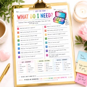 May include: A white paper worksheet titled "What Do I Need?" on a gold clipboard. The document features a rainbow-colored medical kit illustration, sixteen numbered self-reflection questions, and three categorized checklists for body, emotional, and practical needs.