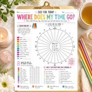 May include: A printable time tracking worksheet titled Just For Today Where Does My Time Go? featuring a 24-hour circular clock diagram, a color-coded activity key, energy level battery icons, and a checklist for creating more space tomorrow.