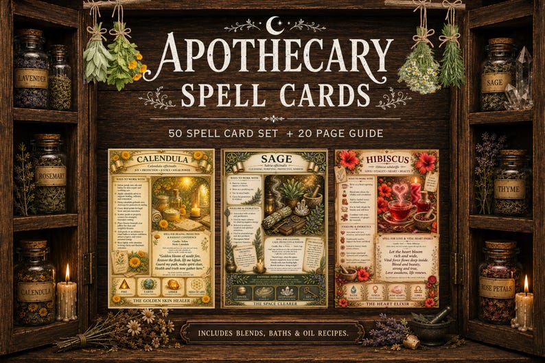 Apothecary Spell Cards printable set displayed inside a vintage wooden apothecary cabinet with botanical herbal magic aesthetic and luxury grimoire styling.
