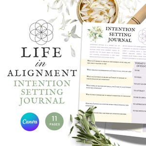 May include: A printable journal with a green and white floral design. The journal is titled "Intention Setting Journal" and includes prompts for setting intentions, such as "What do I desire to create in this moment of my life?" and "What feelings or experiences do I wish to call into my life?"