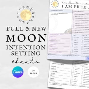 Könnte beinhalten: Vollmond- und Neumond-Intention-Setting-Blätter mit 28 Seiten. Das Design zeigt ein himmlisches Thema mit einem Halbmond und Tierkreiszeichen. Die Blätter sind für die Intention-Setting konzipiert und mit Canva erstellt.