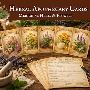 Op de afbeelding: Een set Herbal Apothecary kaarten met illustraties van roos, kamille, tulsi, goudsbloem en anijs-hysop. De kaarten tonen botanische kunst en gedetailleerde tekst. Een vijzel met stamper, gedroogde kruiden en een pen liggen op een houten ondergrond.