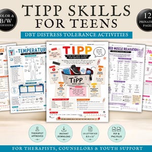 Peut inclure: Un ensemble de 12 pages imprimables intitulées TIPP Skills for Teens, présentant des activités de tolérance à la détresse DBT. Les documents incluent des graphiques colorés, des diagrammes et du texte expliquant des techniques comme l'exercice intense.
