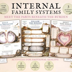 May include: A set of three Internal Family Systems activity pages for emotional healing, including color and black and white versions. The worksheets feature illustrations of geodes, cacti, and shields, with text prompts for exploring parts like the protector, the burden, and the exile. Each page is formatted for 8.5 x 11 inch paper.