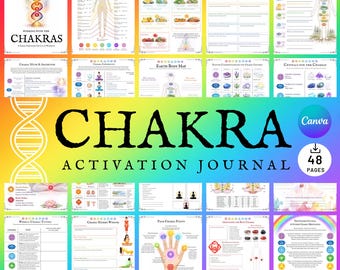 May include: A 48-page Chakra Activation Journal featuring a collection of printable worksheets and guides. The pages include diagrams of the human body, chakra energy points, crystal correspondences, and guided meditation prompts with colorful illustrations.