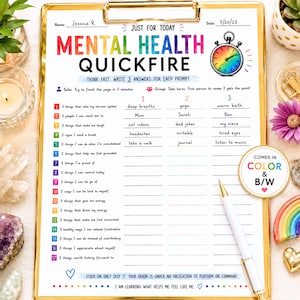 Puede incluir: Una hoja de trabajo de salud mental en un portapapeles dorado. La página presenta un título con los colores del arcoíris, un icono de temporizador y diecisiete indicaciones numeradas con líneas en blanco para tres respuestas cada una.