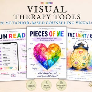 May include: Three educational posters titled Visual Therapy Tools, 20 Metaphor-Based Counseling Visuals. The posters feature colorful illustrations including a smartphone interface, a faceted rainbow heart, and a glowing lantern with text.