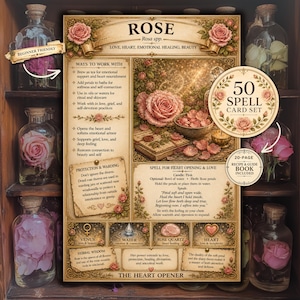 Rose herbal spell card printable featuring love magic, apothecary rituals, floral correspondence, and vintage junk journal design.