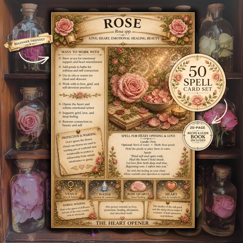 Rose herbal spell card printable featuring love magic, apothecary rituals, floral correspondence, and vintage junk journal design.