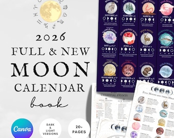 Mondkalender 2026, Mondphasen-Diagramme, Hexenastrologie-Leitfaden, Tarot-Sternzeichen-Druckvorlagen