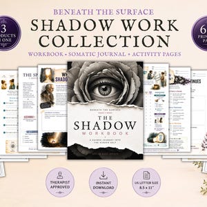 May include: A digital shadow work collection featuring a workbook, somatic journal, and activity pages. The cover displays a large eye within a rose, titled Beneath the Surface The Shadow Workbook. Includes 60+ printable pages in 21.59 x 27.94 cm size.