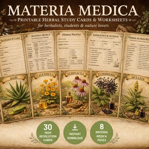Materia Medica Bundle, Printable Herbalism Study Cards, Medicinal Herbal Apothecary Worksheets
