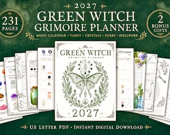 2027 Green Witch Planner, Lunar Astrology Calendar, Herbalism Reference, Printable Spell Pages