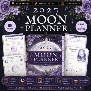 May include: A 2027 moon planner featuring a dark purple background with floral accents and a large moon illustration. The planner includes 65 pages, vision board templates, lunar intention maps, and monthly calendar views for digital or print use.