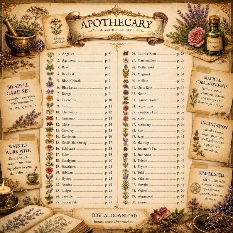 Apothecary spell card collection table of contents with herbal index, magical correspondences, and printable vintage grimoire pages.