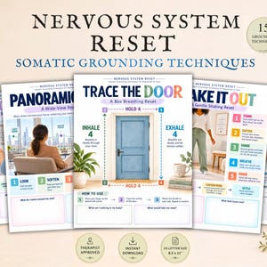 Puede incluir: Un conjunto de cinco pósteres educativos titulados Nervous System Reset Somatic Grounding Techniques, que presentan 15 técnicas de conexión a tierra. Cada póster incluye texto colorido, diagramas e imágenes que ilustran ejercicios como el uso de hielo, vista panorámica, respiración en caja, sacudidas y conexión con el suelo, en formato de 21,59 x 27,94 cm.