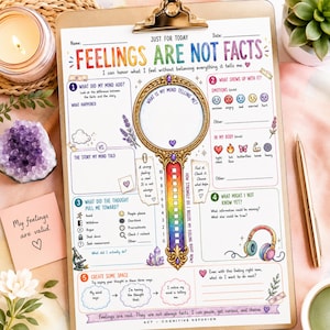 以下が含まれることがあります： Feelings Are Not Factsというタイトルのクリップボードに挟まれた印刷済みのワークシート。認知的な振り返りのためのセクション、虹色の目盛り付きの鏡のイラスト、感情、ハート、ヘッドフォンなどの様々なアイコンが描かれています。