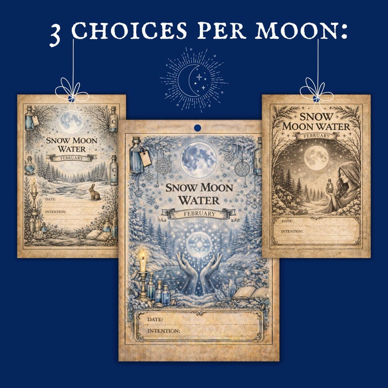 3 types of Moon Water Tags, Lunar Labels for Witchy Grimoire Pages or Book of Shadows Moon (Ritual Printable sheets in PNG and PDF format)