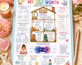 May include: A self-worth worksheet on a clipboard featuring a house illustration titled The House of Self-Worth, with sections for inner critic thoughts, evidence files, strength constellations, and daily affirmations printed in colourful text and graphics.