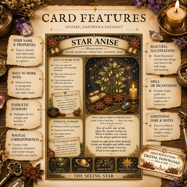 Star Anise printable herbal spell card featuring magical correspondences, apothecary ritual design, and celestial botanical artwork.