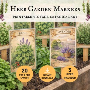 Vintage botaniska örtträdgårdsmarkörer, utskrivbara växtetiketter (PDF-nedladdning)
