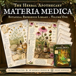 May include: A digital collection titled The Herbal Apothecary Materia Medica Botanical Reference Library Volume One, featuring 50 pages and 40 botanical profiles. The set includes illustrated reference sheets for Chamomile and Echinacea.