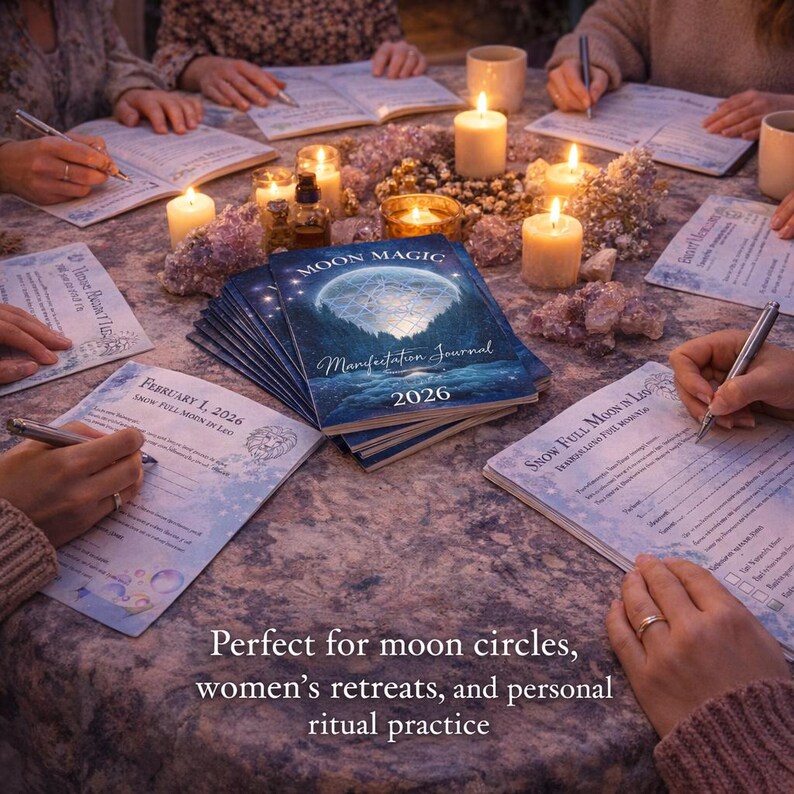 K&ouml;nnte beinhalten: Ein Stapel Moon Magic Manifestation Journal 2026 Hefte mit dunkelblauem Einband und einer leuchtenden Mondgrafik, umgeben von bedruckten Arbeitsbl&auml;ttern, brennenden Stumpenkerzen und verstreuten Kristallen auf einer strukturierten Tischoberfl&auml;che.