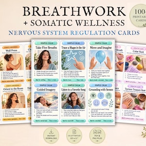 Peut inclure: Un ensemble de cartes de régulation du système nerveux pour le travail respiratoire et le bien-être somatique, comprenant plus de 100 cartes imprimables. Chaque carte présente un exercice avec des instructions, des illustrations et des titres.
