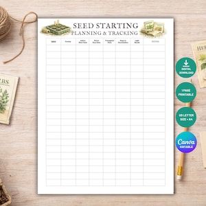 May include: A seed starting planning and tracking chart with a grid layout. The chart includes sections for seed variety, start dates, and notes. The image also shows seed packets, a pencil, and gardening tools.