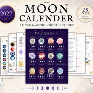 Könnte beinhalten: Ein 25-seitiger Mondkalender für 2027 und ein astrologisches Nachschlagewerk bestehend aus mehreren bedruckten Blättern. Die mittlere Seite zeigt die Vollmonde des Jahres 2027 mit Illustrationen für jeden Monat sowie Mondnamen und Datumsangaben.