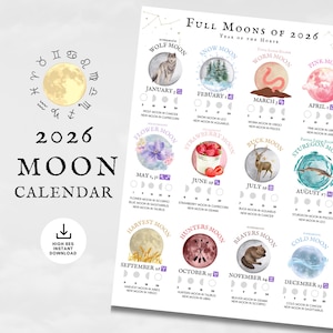 Maankalender 2026, maanfase-astrologie, afdrukbare muurkunst astrologie, pdf-download Witchy