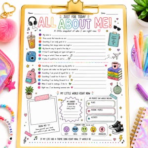 May include: A gold clipboard holding a printed activity sheet titled ALL ABOUT ME! featuring colorful illustrations of headphones, a camera, a backpack, a potted plant, books, and a disco ball, with numbered prompts and blank lines for writing.