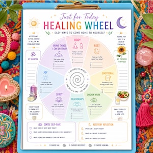 May include: A Just for Today Healing Wheel chart on a clipboard featuring a colourful circular diagram divided into sections for body, rest, emotional, shadow work, relationships, spirit, joy, and brave things, with text prompts and icons.