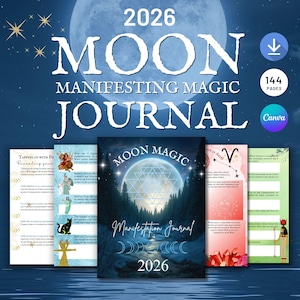 Pode incluir: Um diário de manifestação mágica lunar 2026 com uma capa azul escura ilustrando uma lua cheia, uma floresta e um rio. O diário inclui 144 páginas com vários layouts internos, incluindo sugestões, símbolos astrológicos e gráficos coloridos.