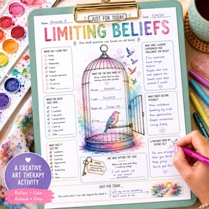 May include: A printed worksheet titled Limiting Beliefs on a clipboard, featuring a watercolor illustration of a bird in a cage. The page includes sections for reflection, checkboxes, and handwritten text. A hand holds a pink pen, writing on the paper.