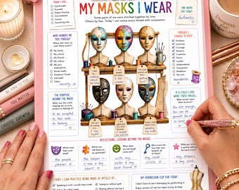 May include: A pink clipboard holding a printed worksheet titled My Masks I Wear, featuring illustrations of six mannequin heads wearing various masks on a wooden shelf, surrounded by text prompts, checkboxes, and handwritten notes in blue ink.