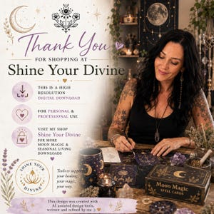 K&ouml;nnte beinhalten: Eine digitale Download-Informationskarte f&uuml;r Shine Your Divine mit himmlischen Grafiken, lavendelfarbenen Akzenten und Text, der die Nutzung hochaufl&ouml;sender Dateien, Shop-Informationen und Moon Magic-Zauberkarten detailliert beschreibt.