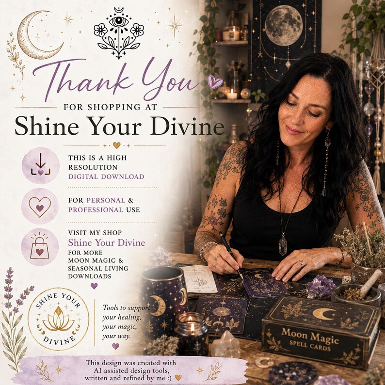K&ouml;nnte beinhalten: Eine digitale Download-Informationskarte f&uuml;r Shine Your Divine mit himmlischen Grafiken, lavendelfarbenen Akzenten und Text, der die Nutzung hochaufl&ouml;sender Dateien, Shop-Informationen und Moon Magic-Zauberkarten detailliert beschreibt.