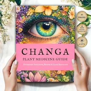 May include: A book cover titled Changa Plant Medicine Guide with the subtitle Entheogen Education, Recipes & Harm Reduction. The cover features a large, detailed human eye surrounded by colourful flowers and foliage on a pink background.