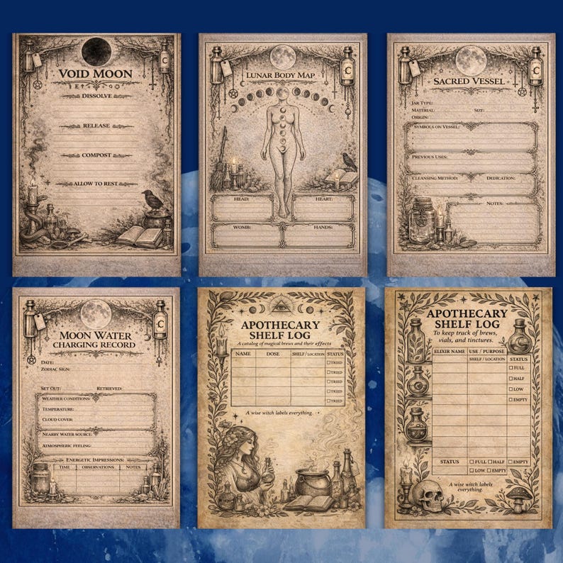 Witch moon water tags printable, lunar labels for ritual work, apothecary grimoire pages, occult moon journal pdf, dark feminine witchcraft Moon water labels printable pdf, lunar magic ritual tags, book of shadows pages for witches, dark goddess grimoire style printables