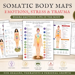 Emotional Trauma Body Maps, Somatic Body Charts, Stress Therapy Worksheets (Printable PDF)